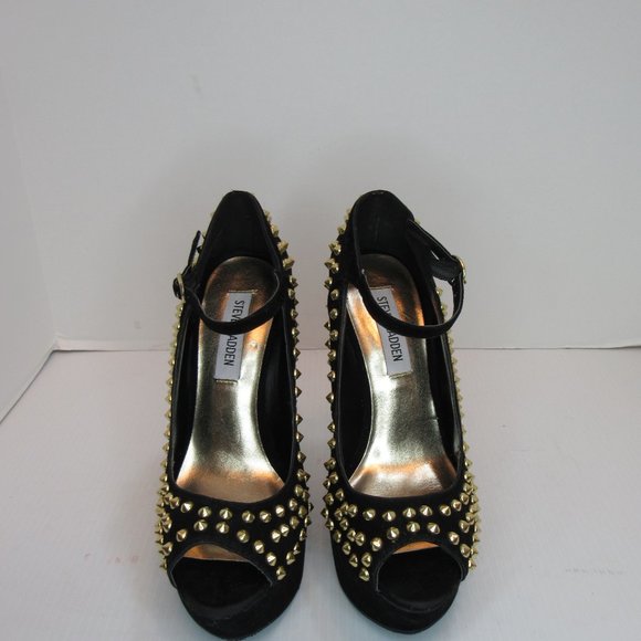 Steve Madden Gammblee Black Gold Studded Wedge Platform Heels - Picture 2 of 8